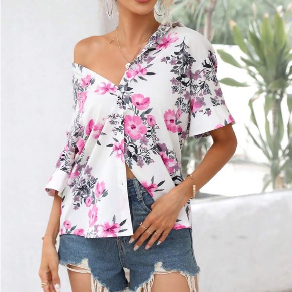 Boho floral print button up flounce sleeve blouse - Picture 5 of 5